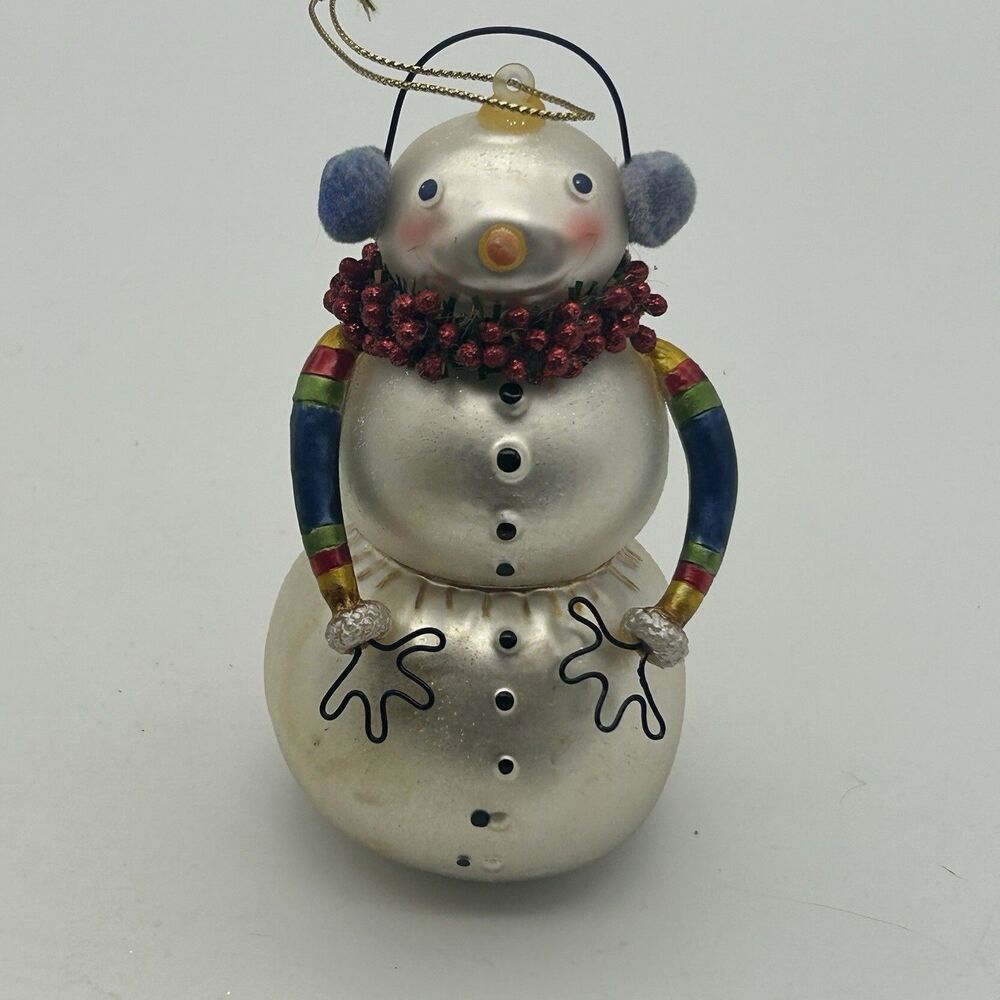 Snowman Christmas Hanging Ornament Silver Red Scarf Blue Earmuffs 5" Holiday